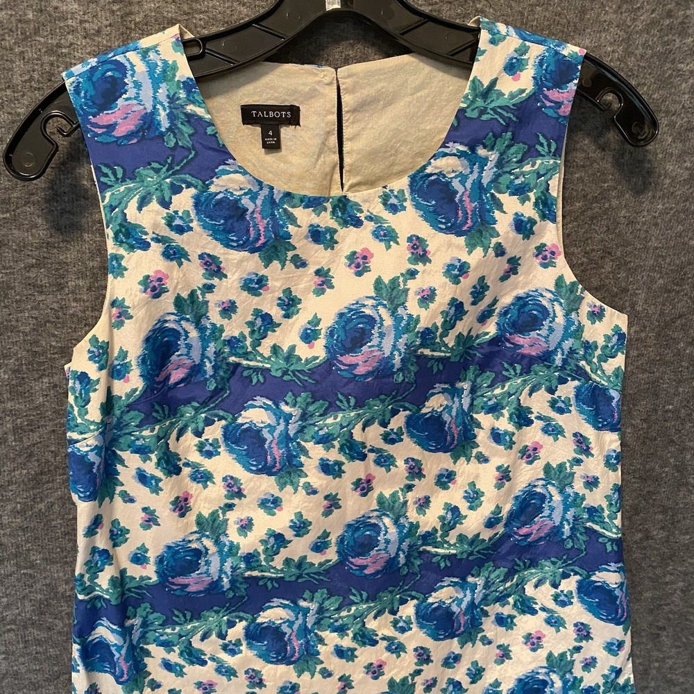Talbots Top Womens 4 Blue‎ Green Floral Silk Blend Sleeveless Shell Tunic Blouse - Picture 3 of 9
